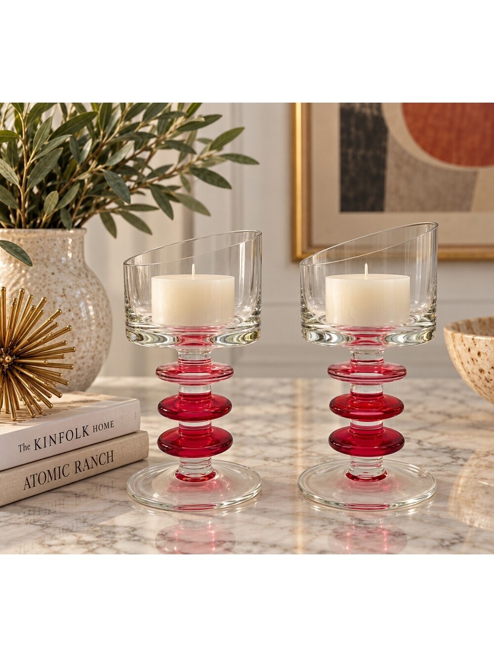 Vintage MCM Clear & Red Art Glass Candle Holders Ring Stem Pair